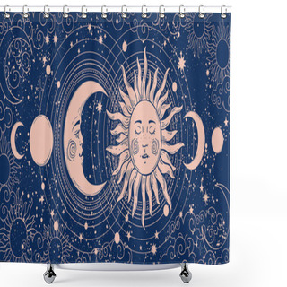 Personality  Magic Banner For Astrology, Tarot, Boho Design. Universe Art, Crescent Moon And Sun On A Blue Background. Esoteric Vector Illustration, Pattern. Shower Curtains