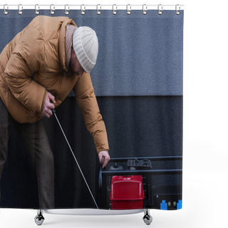 Personality  Side View Of Man In Warm Jacket And Knitted Hat Starting Power Generator Outdoors Shower Curtains