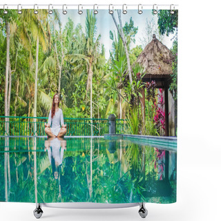 Personality  Woman Meditating At Pool Side. Shower Curtains