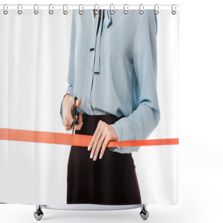 Personality  Cropped View Of Businesswoman Cutting Red Ribbon With Scissors For Grand Opening, Isolated On White Shower Curtains