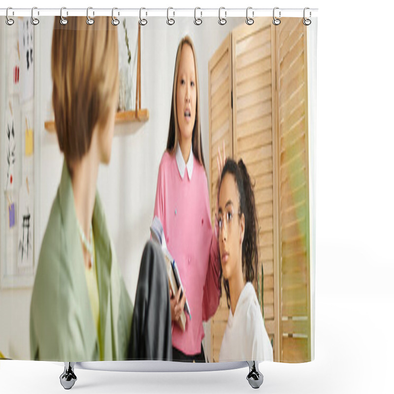 Personality  Diverse Group Of Teenage Girls Engaged In A Study Session, Supporting Each Others Learning Journey. Shower Curtains