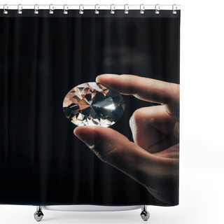 Personality  Cropped View Of Man Holding Big Clear Shiny Diamond On Black Background Shower Curtains