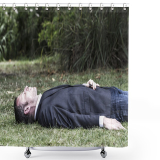 Personality  Sleeping Businessman Lying On Grass, Textured Effect Shower Curtains