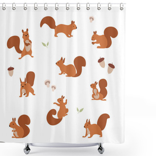Personality  Vector Illustration. A Set Of Cheerful Squirrels Who Eat Nuts And Walk. Shower Curtains