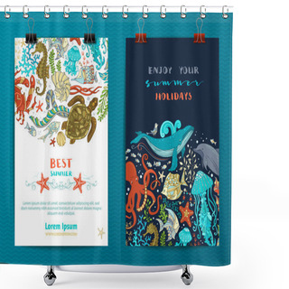 Personality  Set Of Two Vector Sea Life Poster  Shower Curtains