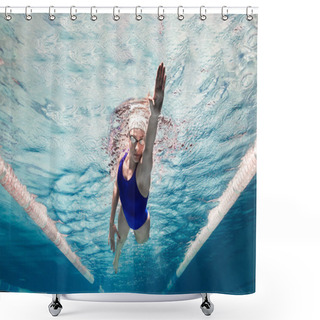 Personality  Underwater Picture Of Female Swimmer In Swimming Suit And Goggles Training In Swimming Pool Shower Curtains
