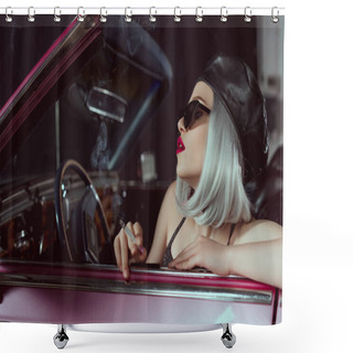 Personality  Stylish Blonde Woman In Sunglasses And Beret Smoking Cigarette In Vintage Car  Shower Curtains