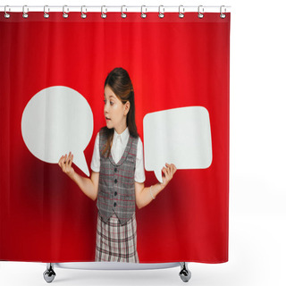 Personality  Girl In Plaid Skirt And Vest Holding White And Empty Speech Bubbles Isolated On Red Shower Curtains