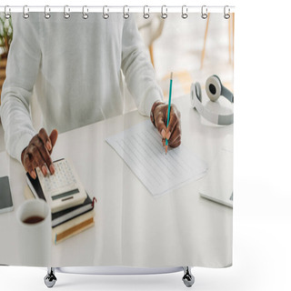 Personality  Cropped View Of African American Man Writing In Utility Bill And Calculating Expenses Shower Curtains