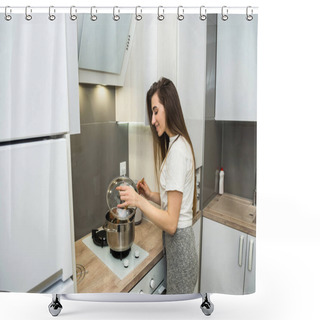 Personality   Young Woman Cooking  Food In A Pot In The Kitchen. Shower Curtains