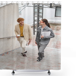 Personality  Two Young Male Colleagues Walking Upstairs Talking And Smiling At Each Other, Coworking Concept Shower Curtains