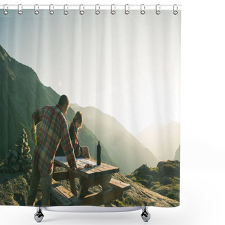 Personality  Coouple Hikers Reading Trekking Map On Table In Backlight, Rear View. Adventure Exploration On The Alps. Shower Curtains