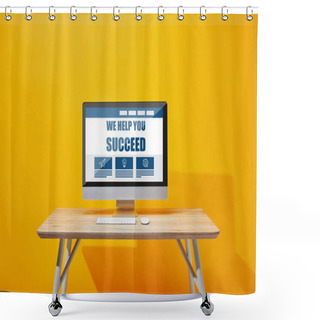 Personality  Computer With Keyboard And Mouse At Wooden Table With We Help You Succeed Lettering On Screen  Shower Curtains