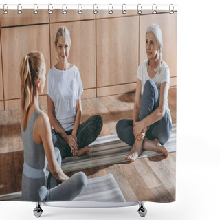 Personality  Group Of Women Sitting On Yoga Mats In Studio Shower Curtains