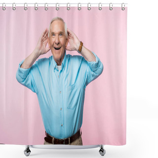 Personality  Cheerful Senior Man Touching Ears And Smiling While Standing On Pink  Shower Curtains
