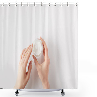 Personality  Cropped Image Of Woman Holding Organic Cream In Container  Shower Curtains