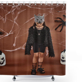Personality  Girl In Werewolf Costume With Mask And Black Faux Fur Jacket Standing On Brown Backdrop With Cobweb Shower Curtains
