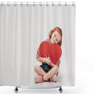 Personality  Adorable Little Child Hugging Red Heart Symbol And Smiling At Camera Isolated On Grey  Shower Curtains