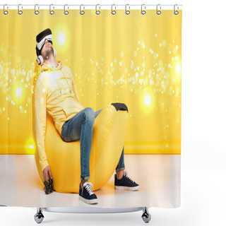 Personality  KYIV, UKRAINE - APRIL 12: Man Sleeping On Banana Bean Bag Chair With Joystick In Virtual Reality Headset On Yellow With Cyberspace Illustration Shower Curtains