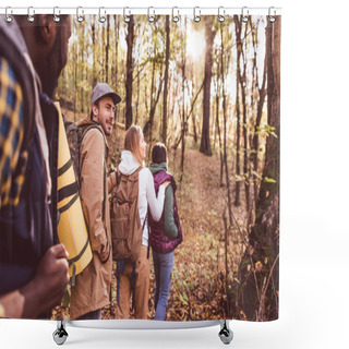 Personality  Young Backpackers In Autumn Forest Shower Curtains