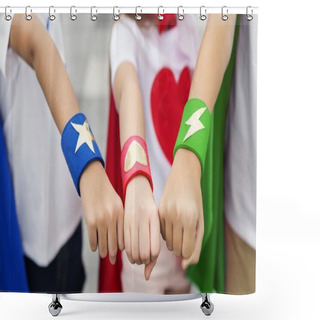 Personality  Hands Of Friends Playing Superheroes Together, Original Photoset Shower Curtains