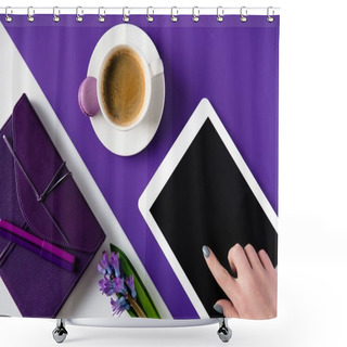 Personality  Cropped Image Of Woman Using Tablet At White And Purple Table Shower Curtains