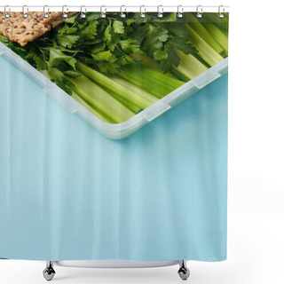 Personality  Close Up View Of Food Container Full Of Healthy Parsley And Celery Isolated On Blue Shower Curtains