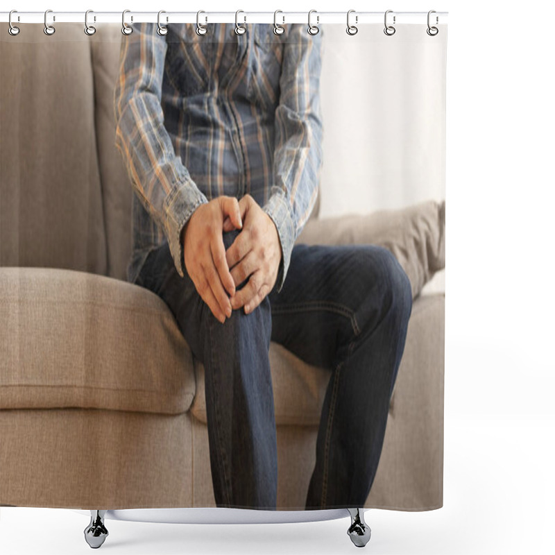 Personality  Man with knee pain concept. Health issues.  shower curtains