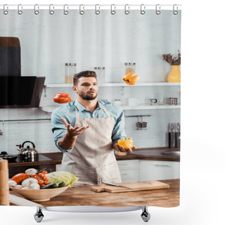 Personality  Handsome Young Man In Apron Juggling With Fresh Peppers In Kitchen Shower Curtains