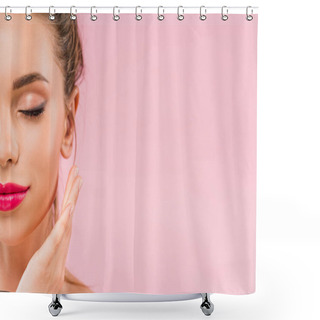 Personality  Cropped View Of Naked Beautiful Woman With Pink Lips Posing With Hand Near Face And Closed Eyes Isolated On Pink  Shower Curtains