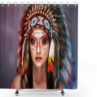 Personality  American Indian Girl In Native Costume, Headdress Made Of Feathers Of Wild Birds Shower Curtains