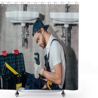 Personality  Young Professional Plumber Fixing Sink In Bathroom Shower Curtains