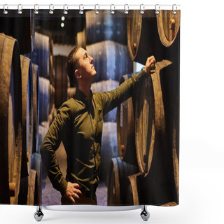 Personality  Professional Winemaker Male  In Old Aged Traditional Wooden Barrels With Wine In A Vault Lined Up In Cool And Dark Cellar In Italy, Porto, Portugal, France Shower Curtains