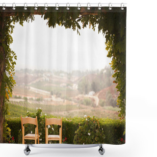 Personality  Vine Covered Patio And Chairs Overlooking The Country Shower Curtains