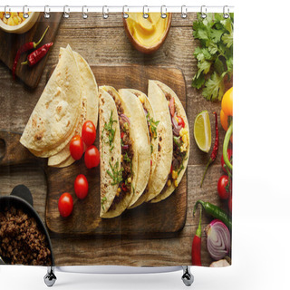Personality  Top View Of Tasty Tacos On Cutting Board With Ingredients On Wooden Background Shower Curtains
