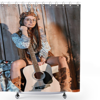 Personality  Hippie Girl Posing With Acoustic Guitar Shower Curtains