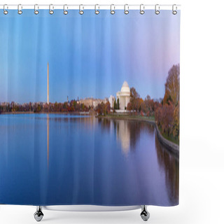 Personality  Jeffeerson Memorial And Washington Monument Reflected On Tidal Basin In The Evening, Washington DC, USA. Panoramic Image Shower Curtains