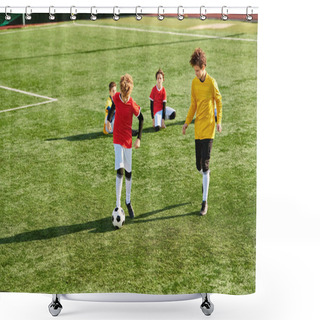 Personality  A Group Of Young Children Enthusiastically Playing A Game Of Soccer, Running Around The Field, Kicking The Ball, And Cheering Each Other On In A Friendly Competition. Shower Curtains