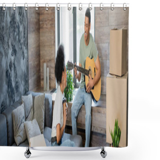 Personality  Happy African American Couple With Coffee Playing Acoustic Guitar Near Packages In New House, Banner Shower Curtains