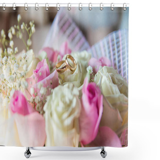 Personality  Wedding Bouquet Of The Bride With Wedding Rings. Soft Pink And Beige Tea Roses Are Gathered In A Romantic Bouquet Shower Curtains