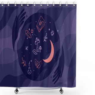 Personality  Modern Witch. Fortune Telling With Tarot Cards. Spirituality, Witchcraft Or Mystery Concept. Magic Hands Hold Sphere With Stars, Moon, Symbolic Attributes. Vector Illustration For Postcard, Card Cover Shower Curtains