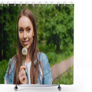 Personality  Cheerful Girl Holding Dandelion And Looking At Camera  Shower Curtains