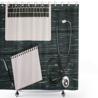 Personality  Top View Of Arranged Laptop, Empty Notebook, Pen And Stethoscope On Dark Wooden Tabletop Shower Curtains