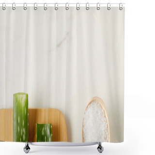 Personality  Elevated View Of Aloe Vera Leaves On Cutting Board And Wooden Spoon With Salt On Marble Table Shower Curtains