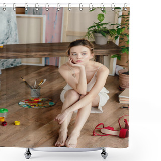 Personality  Beautiful Pensive Young Artist Sitting On Floor And Looking Away In Art Studio Shower Curtains