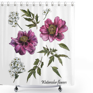 Personality  Flowers Set Of Watercolor Flowes And Leaves In Sketch Style Shower Curtains
