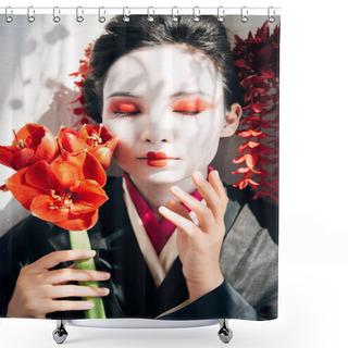 Personality  Portrait Of Beautiful Geisha Holding Red Flowers In Sunlight Shower Curtains
