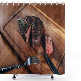 Personality  Close-up Shot Of Delicious Medium Rare Grilled Steak On Wooden Board Shower Curtains