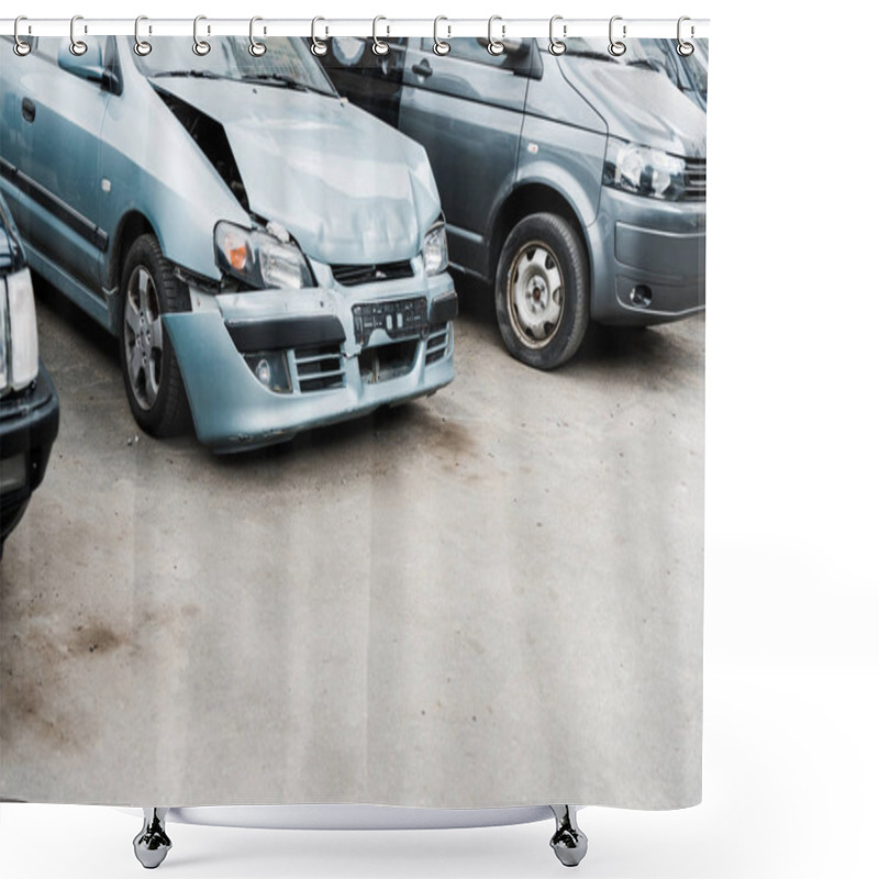 Personality  Crashed Bonnet Car After Car Accident Near Modern Automobiles Shower Curtains