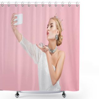 Personality  Blonde Woman In Luxury Crown Taking Selfie On Smartphone And Sending Air Kiss Isolated On Pink Shower Curtains